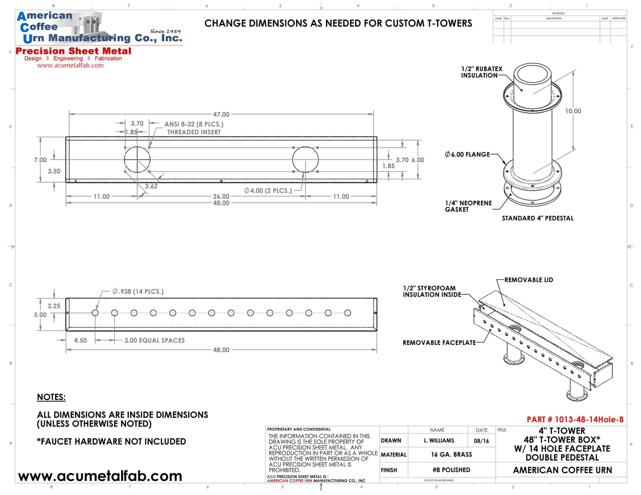 Draft Beer T-Tower |Double Pedestal| 48" Box| 14 Faucet Holes | Brass - ACU Precision Sheet Metal