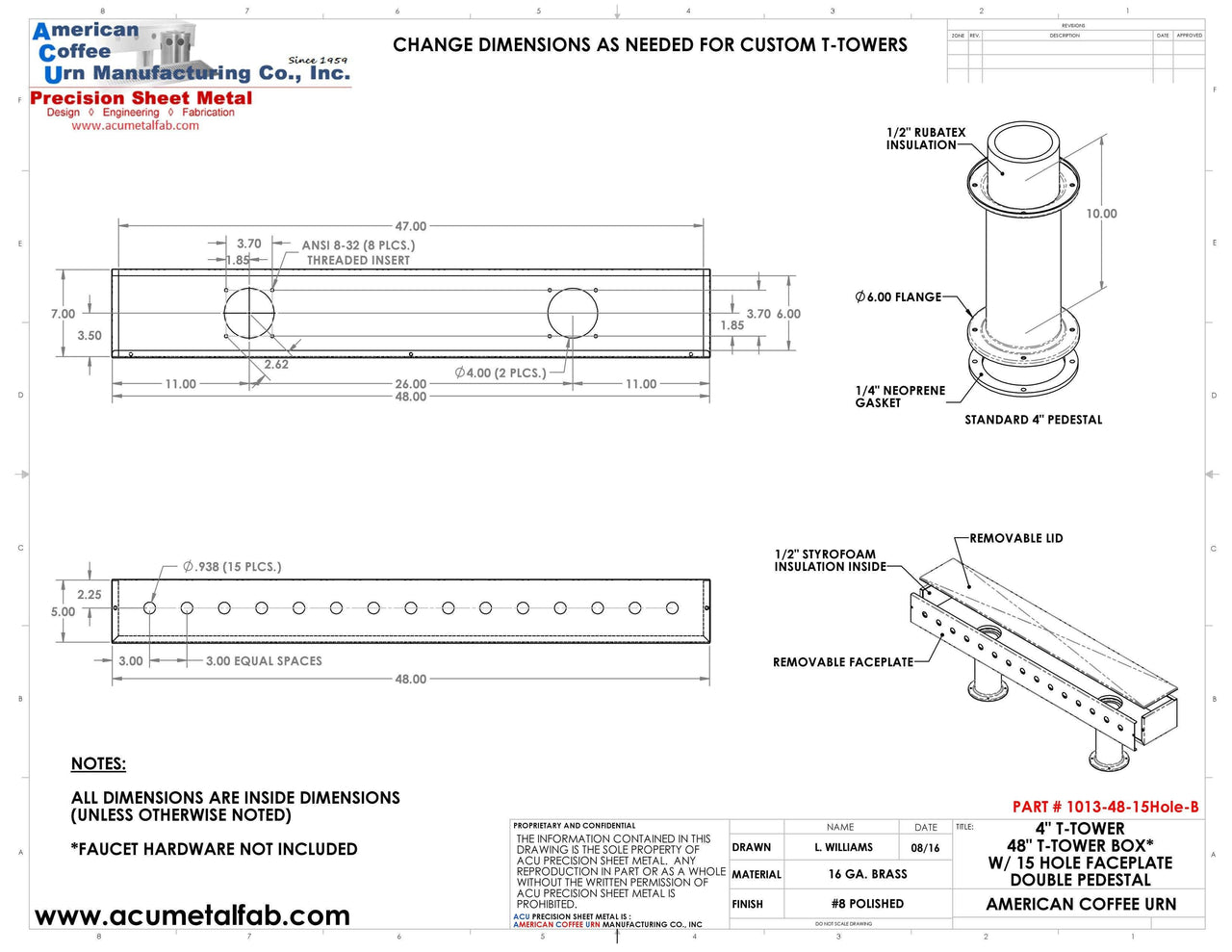 Draft Beer T-Tower |Double Pedestal| 48" Box| 15 Faucet Holes | Brass - ACU Precision Sheet Metal