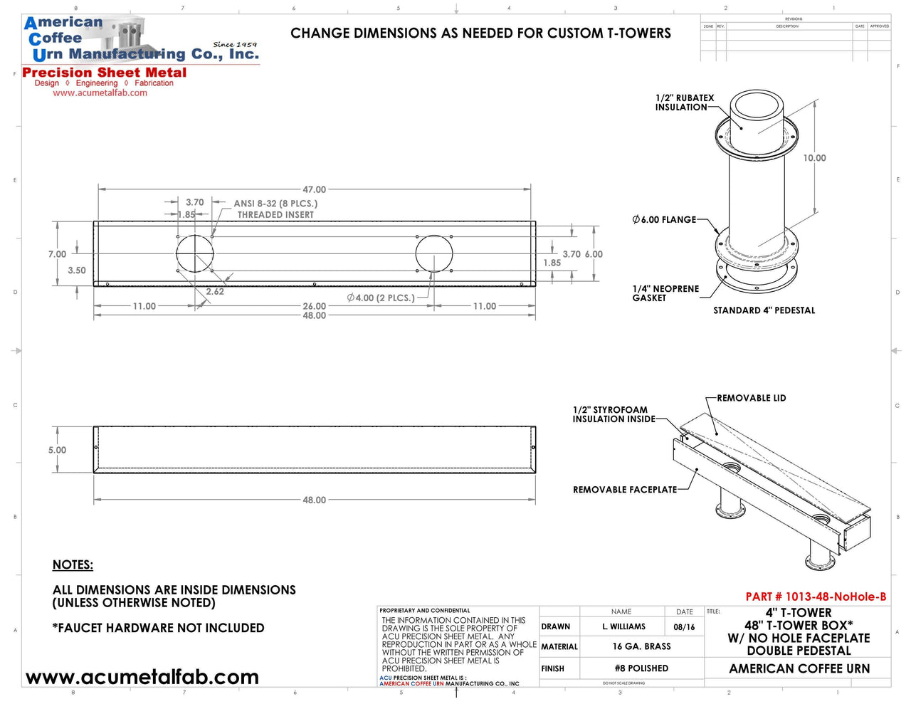 Draft Beer T-Tower | Double Pedestal | 48" Box | No Faucet Holes | Brass - ACU Precision Sheet Metal