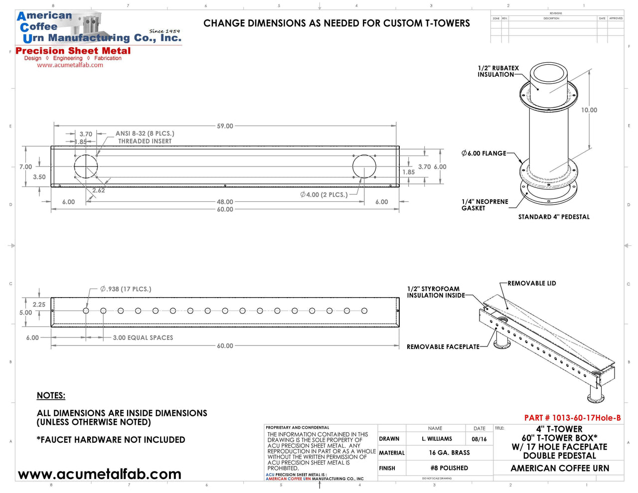 Draft Beer T-Tower | Double Pedestal | 60" Box | 17 Faucet Holes | Brass - ACU Precision Sheet Metal