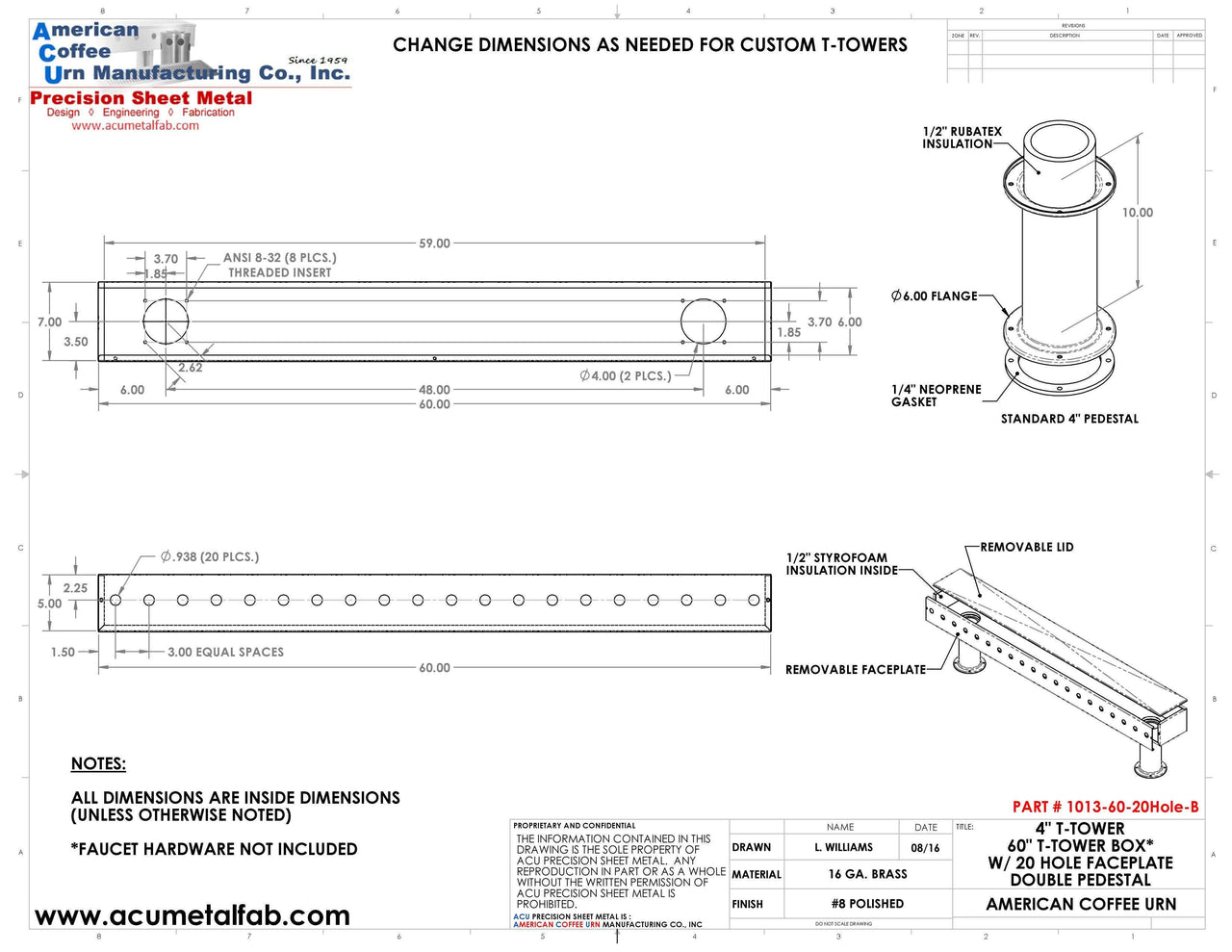 Draft Beer T-Tower | Double Pedestal | 60" Box | 20 Faucet Holes | Brass - ACU Precision Sheet Metal