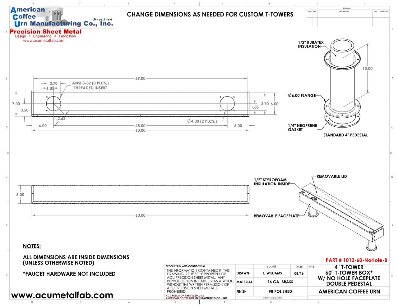 Draft Beer T-Tower | Double Pedestal | 60" Box | No Faucet Holes | Brass - ACU Precision Sheet Metal