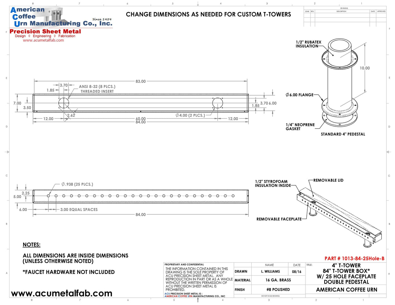 Draft Beer T-Tower | Double Pedestal | 84" Box | 25 Faucet Holes | Brass - ACU Precision Sheet Metal