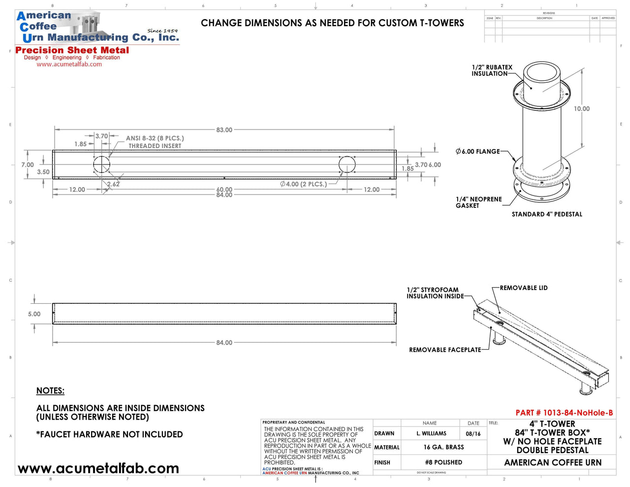 Draft Beer T-Tower | Double Pedestal | 84" Box | No Faucet Holes | Brass - ACU Precision Sheet Metal