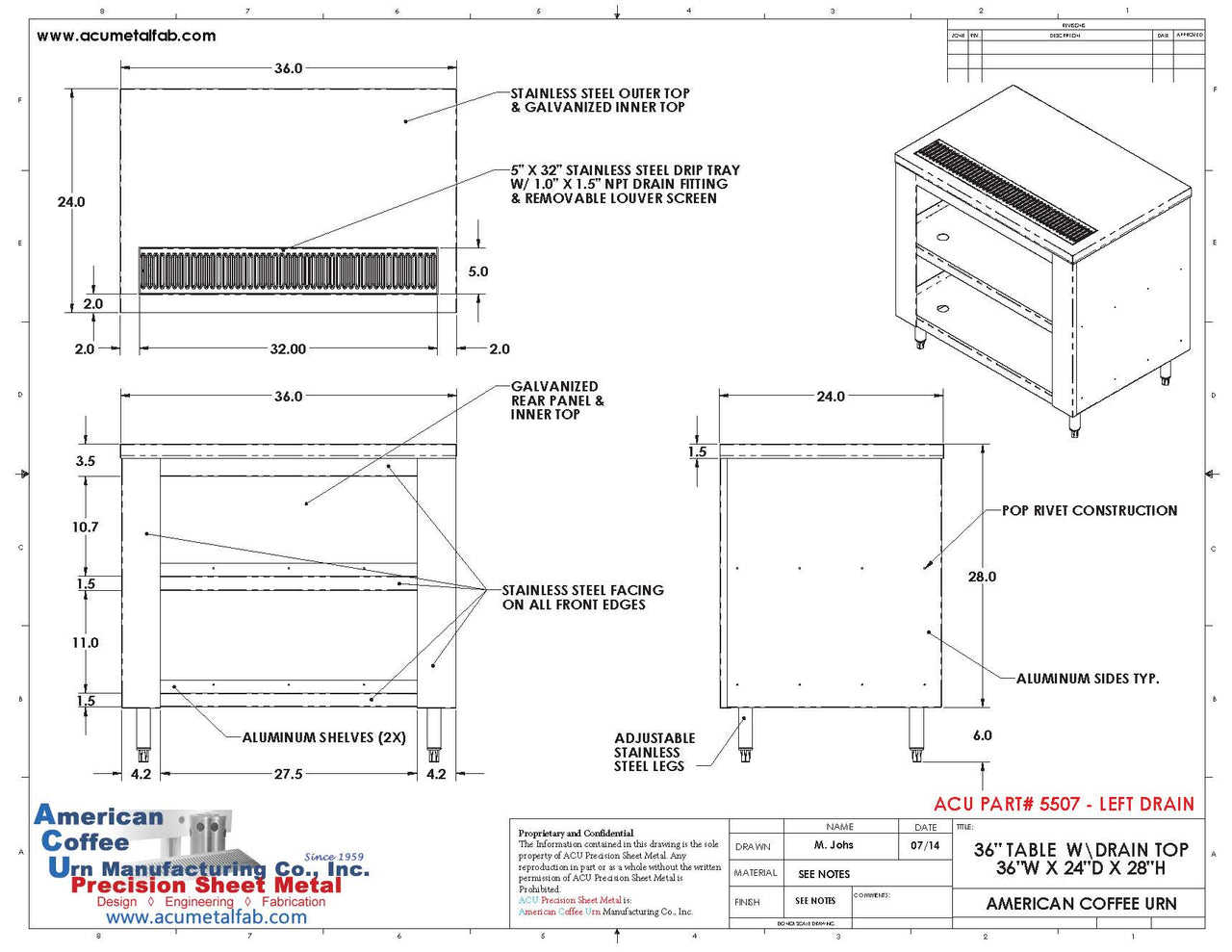 Drain Top Stainless Steel Restaurant Table | 36" X 24" | Left Drain