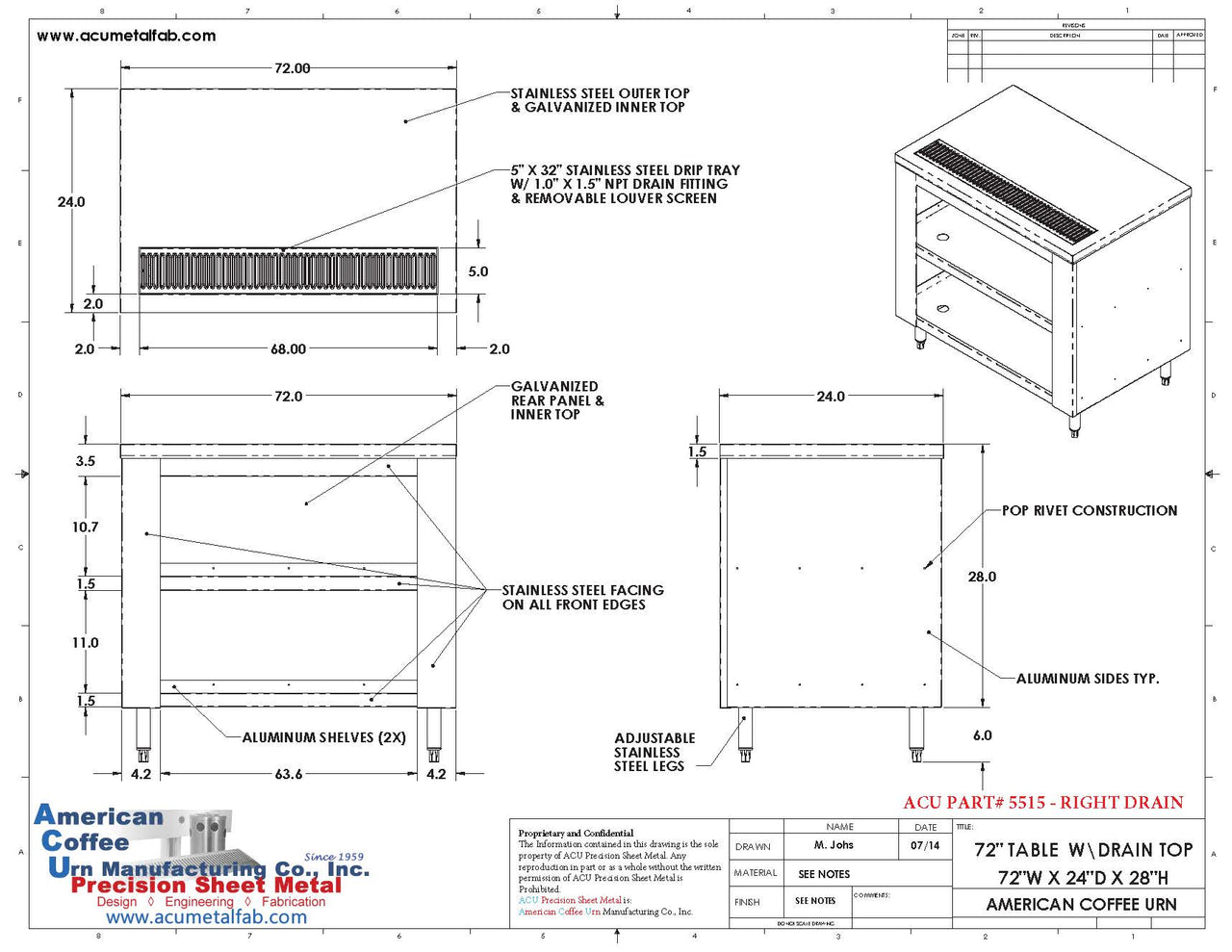 Drain Top Stainless Steel Restaurant Table | 72" X 24" | Right Drain