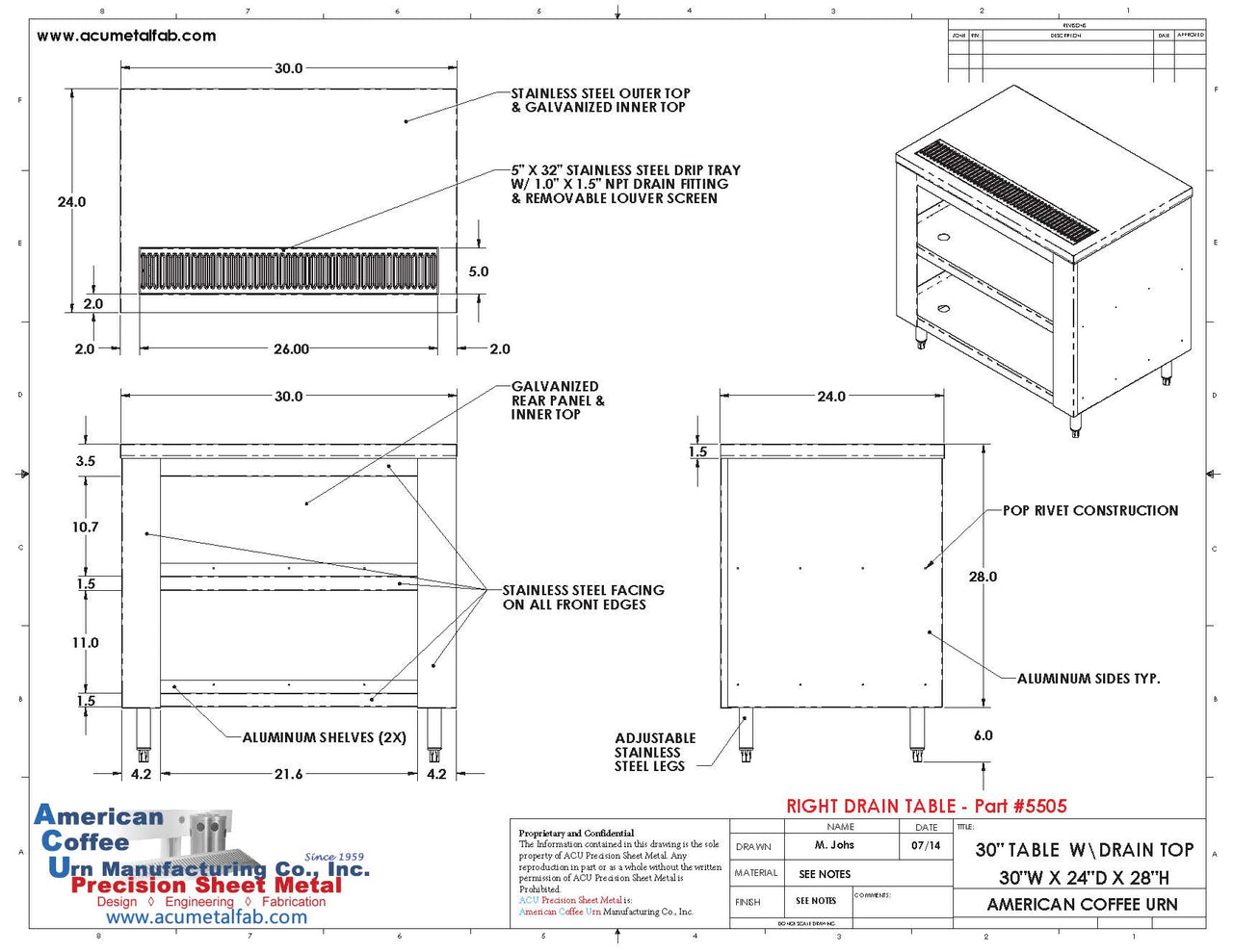 *CONTACT TO PURCHASE* Drain Top Stainless Steel Restaurant Table | 30" X 24" | Right Drain