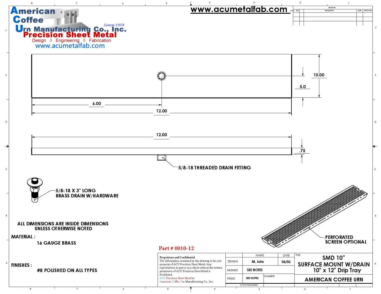 10" X 12" Surface Mount Drip Tray with Drain - ACU Precision Sheet Metal