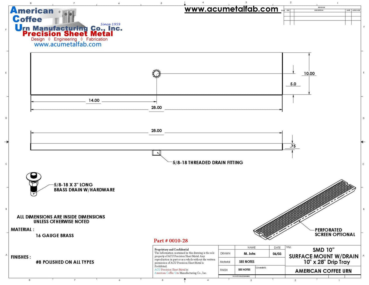 10" X 28" Surface Mount Drip Tray with Drain - ACU Precision Sheet Metal