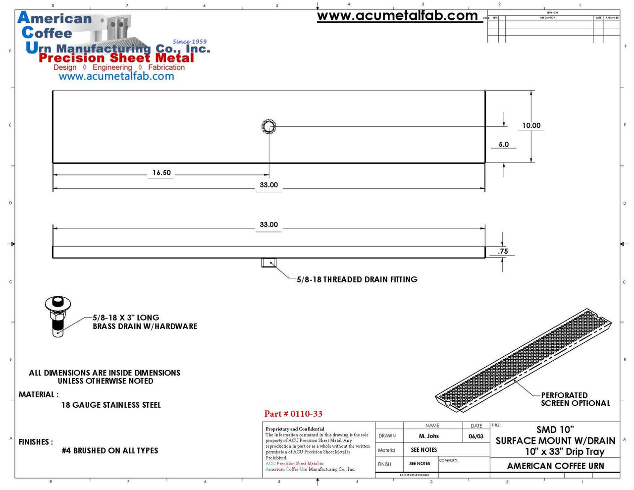 10" X 33" Surface Mount Drip Tray with Drain - ACU Precision Sheet Metal