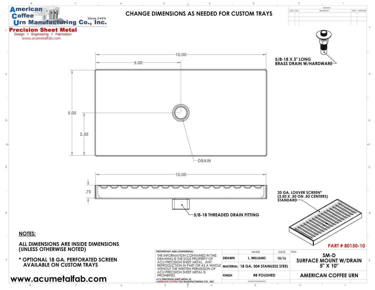 5" X 15" X 3/4" Surface Mount Drip Tray |No Drain | S/S # 8 - ACU Precision Sheet Metal
