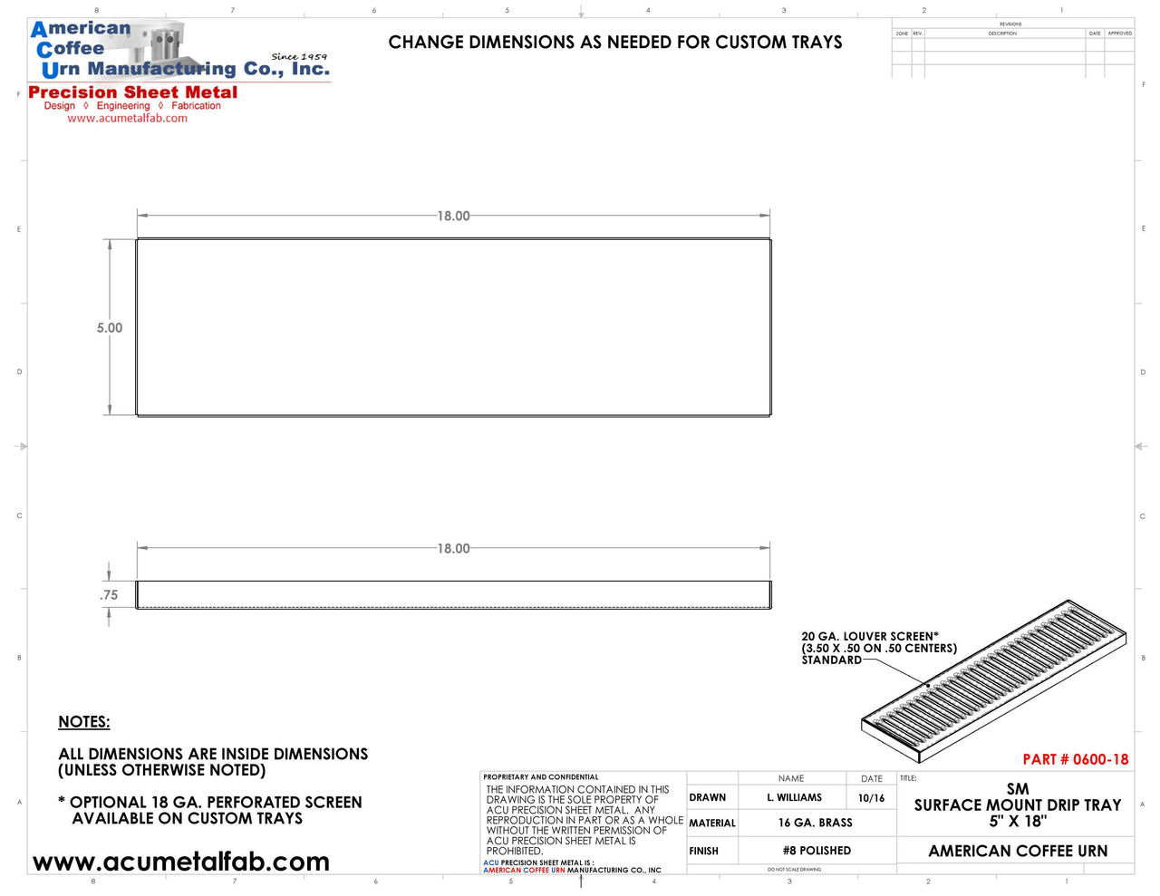 5" X 18" X 3/4" Surface Mount Drip Tray | No Drain | Brass - ACU Precision Sheet Metal