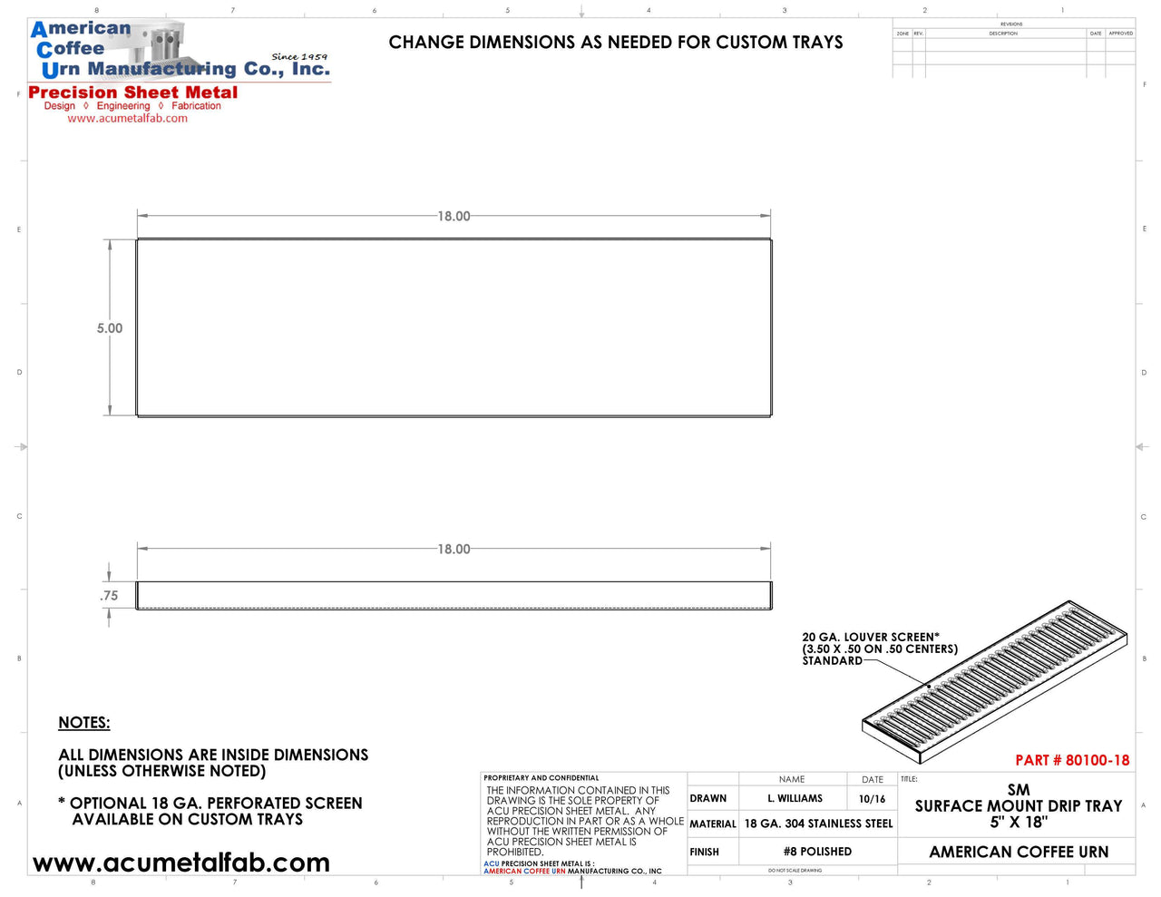 5" X 18" X 3/4" Surface Mount Drip Tray |No Drain | S/S # 8 - ACU Precision Sheet Metal