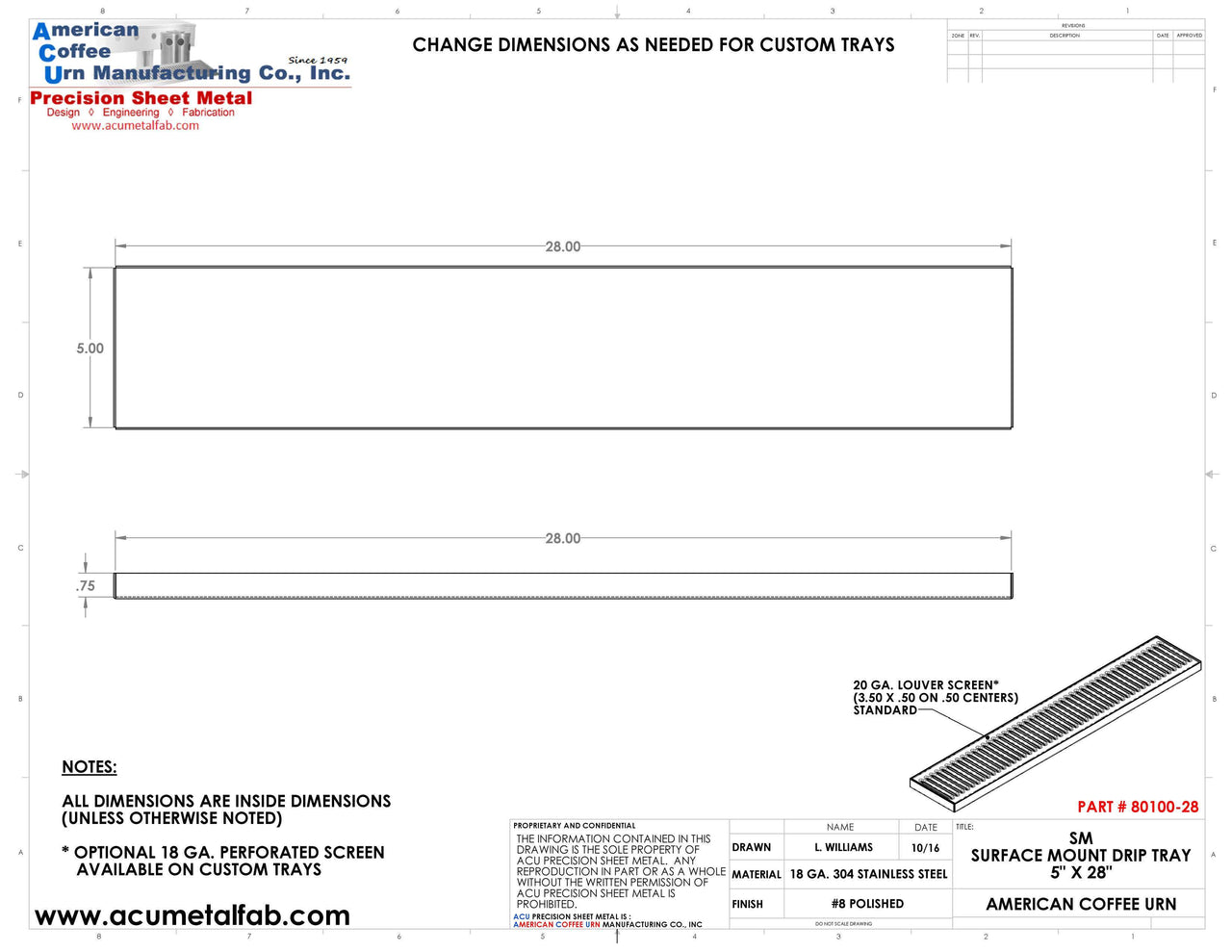 5" X 28" X 3/4" Surface Mount Drip Tray |No Drain | S/S # 8 - ACU Precision Sheet Metal