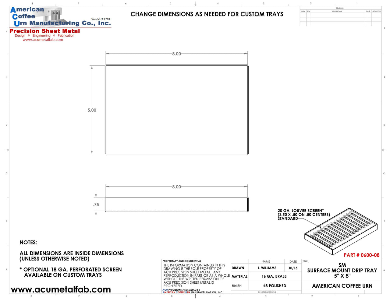 5" X 8" X 3/4" Surface Mount Drip Tray | No Drain | Brass - ACU Precision Sheet Metal