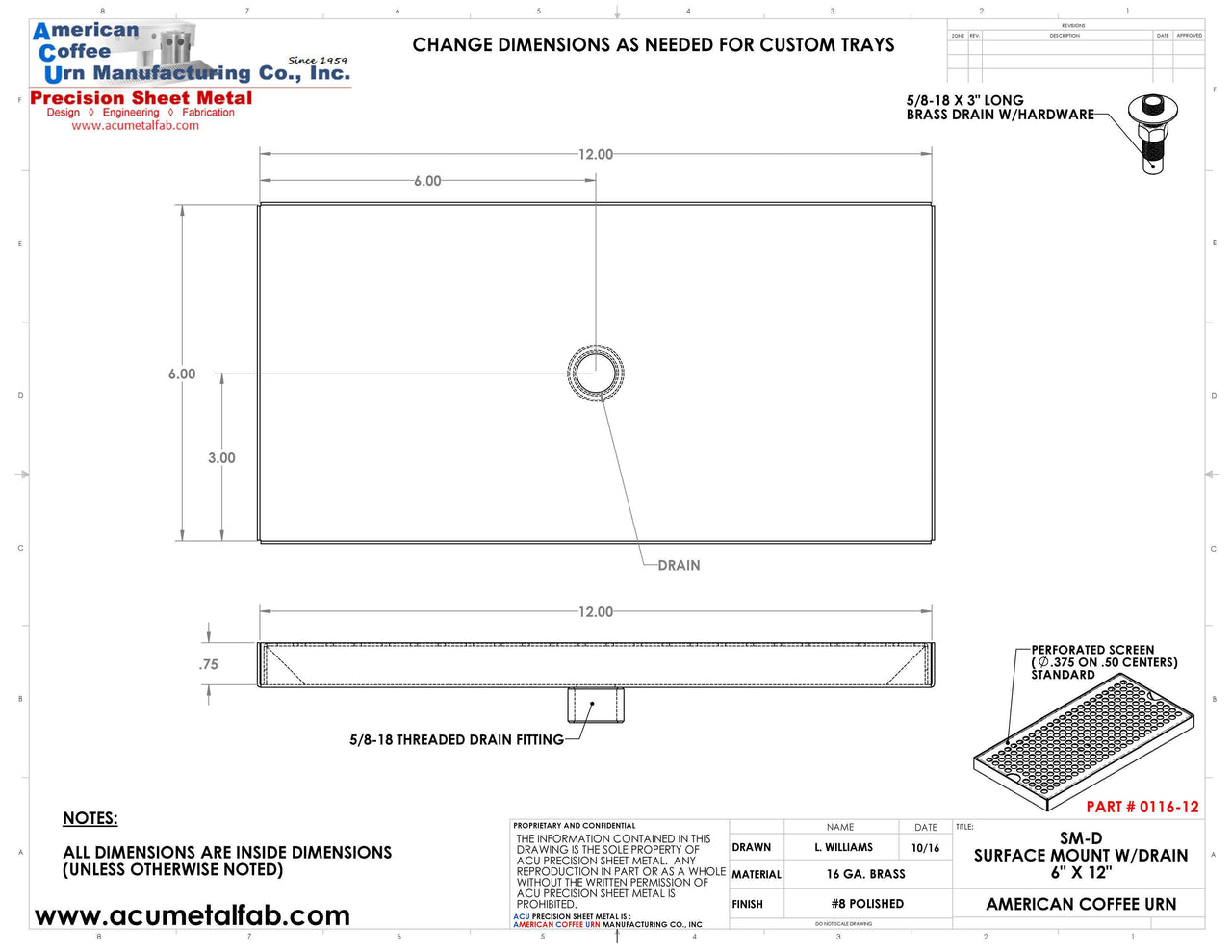 6" X 12" Surface Mount Drip Tray with Drain - ACU Precision Sheet Metal