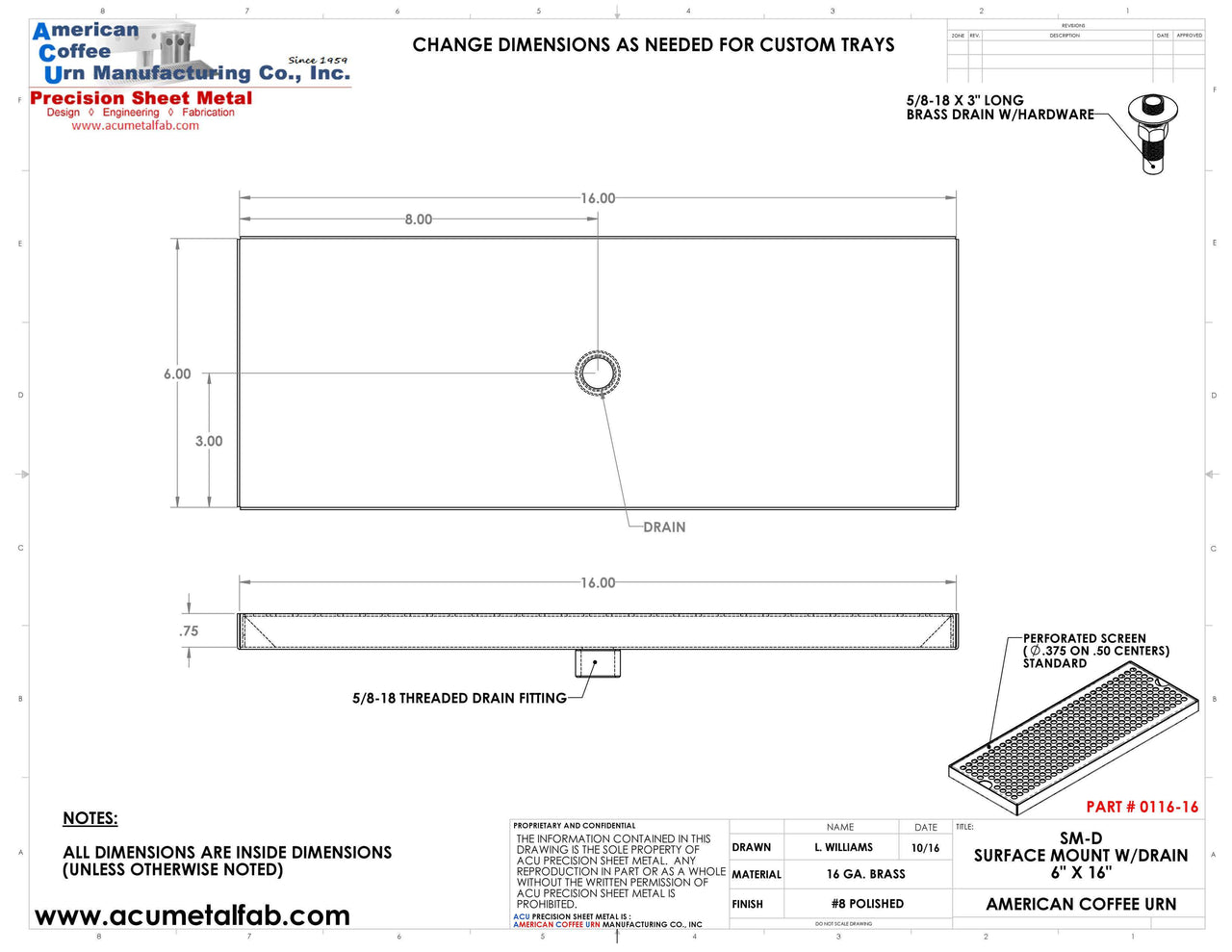 6" X 16"  Surface Mount Drip Tray with Drain - ACU Precision Sheet Metal