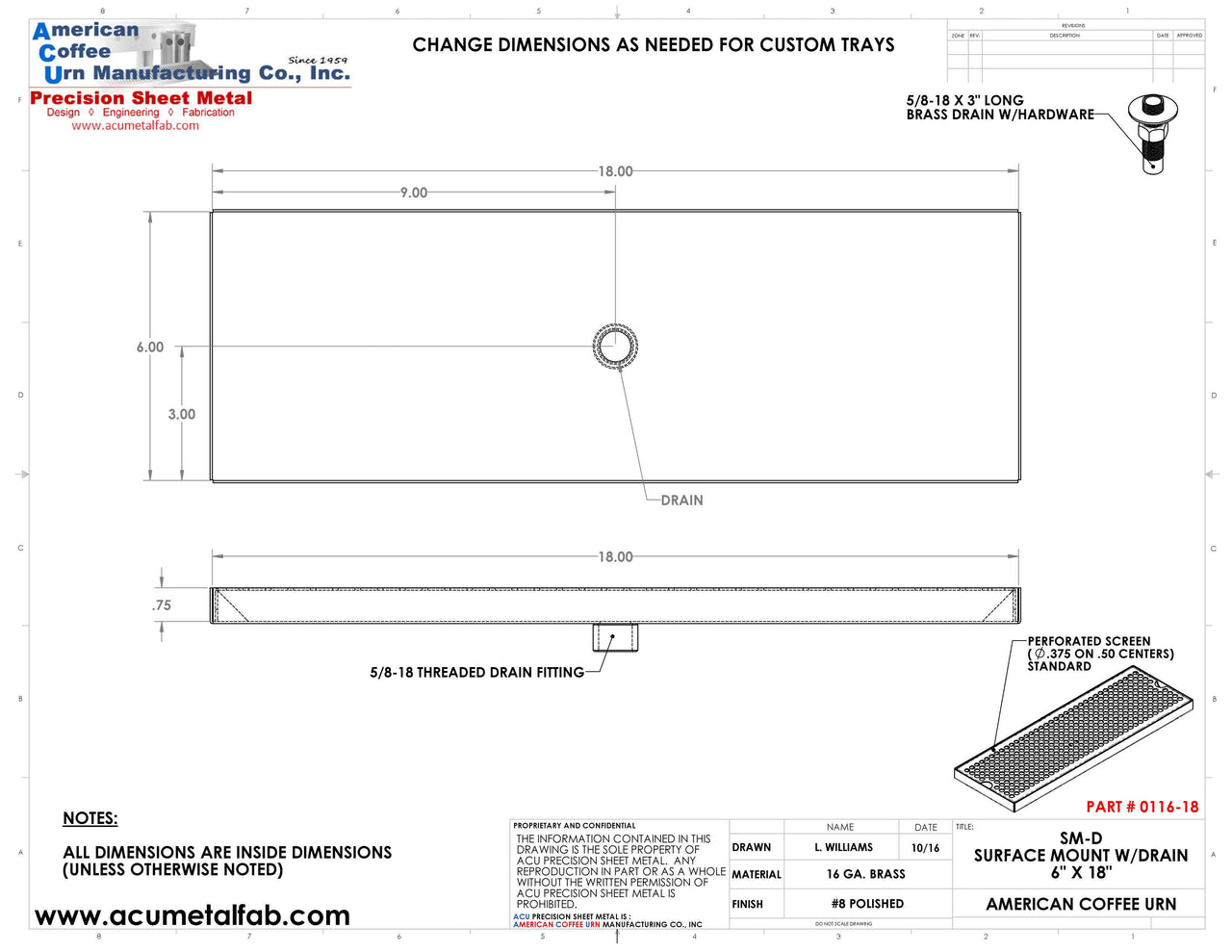 6" X 18"  Surface Mount Drip Tray with Drain - ACU Precision Sheet Metal