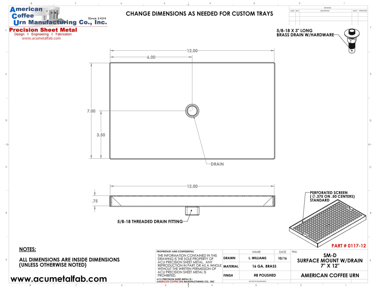 7" X 12" Surface Mount Drip Tray with Drain - ACU Precision Sheet Metal