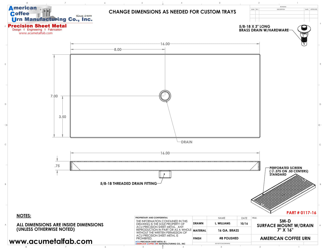 7" X 16" Surface Mount Drip Tray with Drain - ACU Precision Sheet Metal