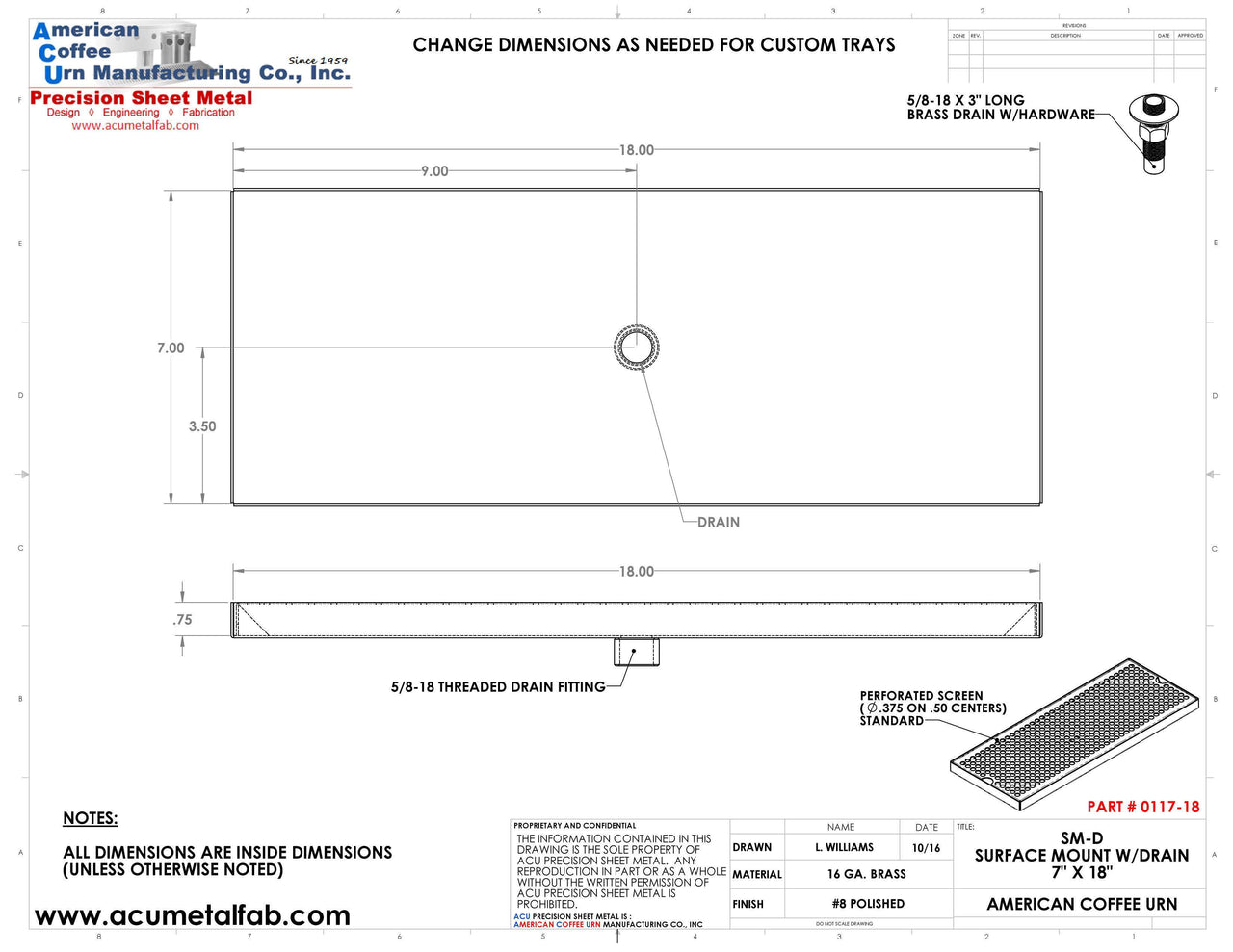 7" X 18" Surface Mount Drip Tray with Drain - ACU Precision Sheet Metal