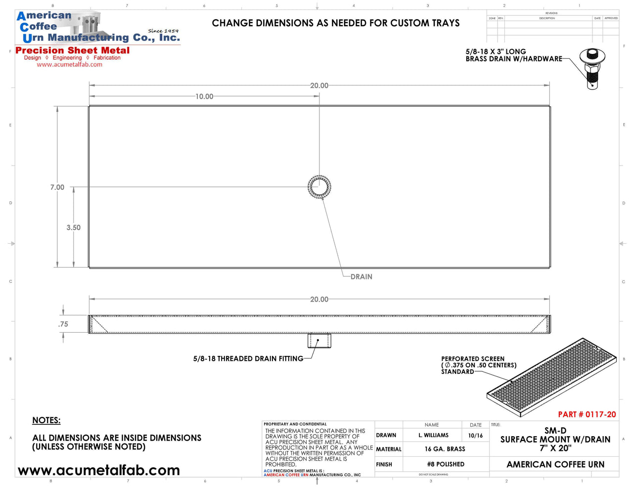 7" X 20" Surface Mount Drip Tray with Drain - ACU Precision Sheet Metal