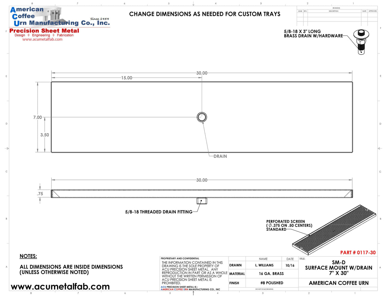 7" X 30" Surface Mount Drip Tray with Drain - ACU Precision Sheet Metal