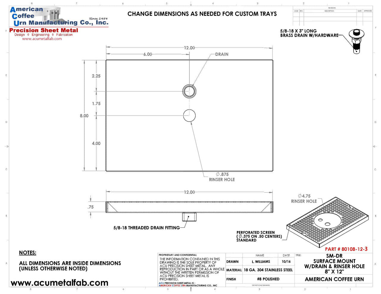 8" X 12" Surface Mount Drip Tray with Drain and Rinser Hole - ACU Precision Sheet Metal