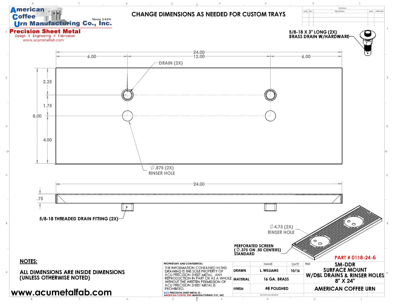 8" X 24" Surface Mount Drip Tray with Double Drain and Double Rinser Holes - ACU Precision Sheet Metal