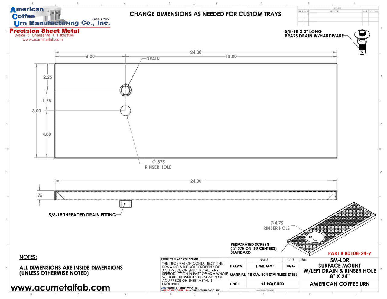 8" X 24" Surface Mount Drip Tray with Drain and Left Rinser Hole - ACU Precision Sheet Metal