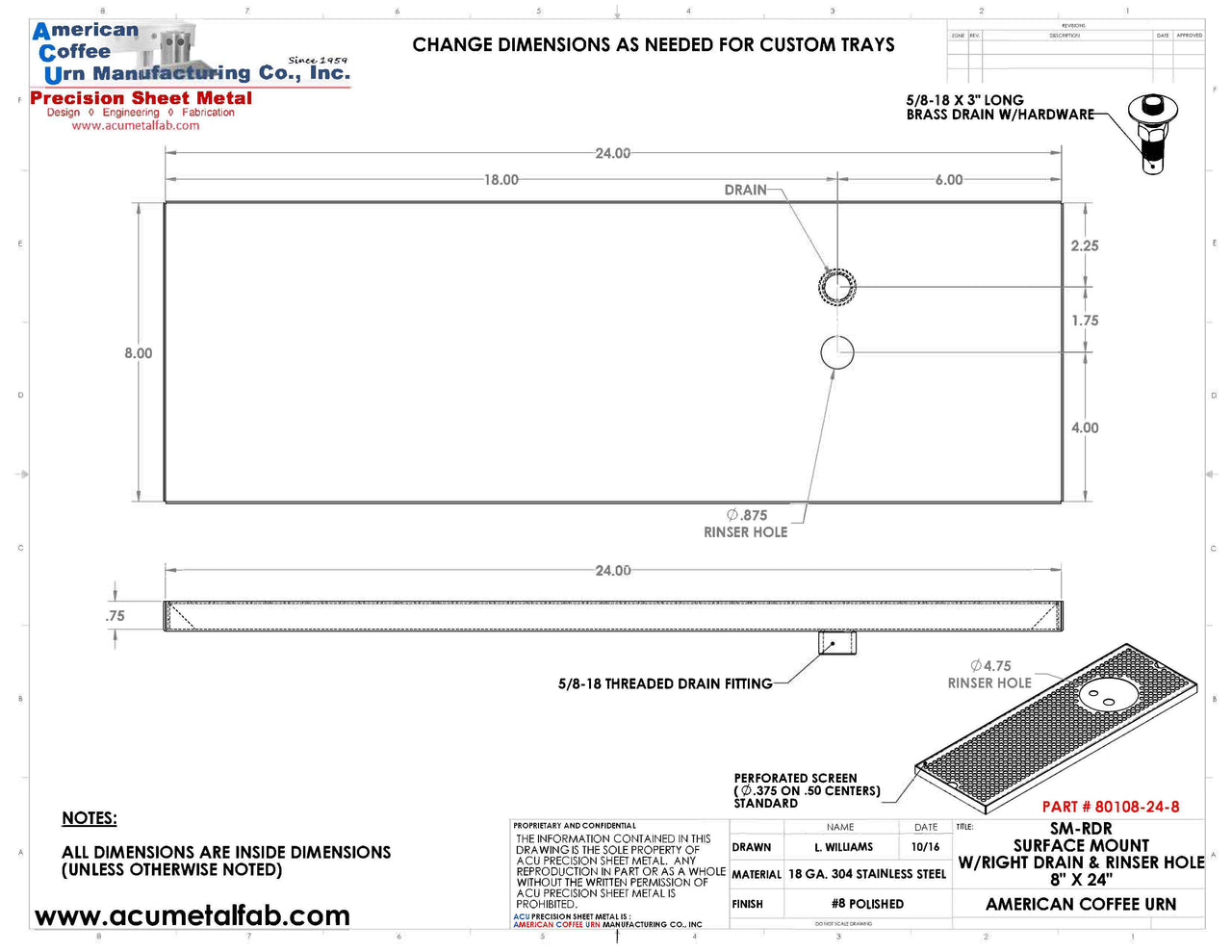 8" X 24" Surface Mount Drip Tray with Drain and Right Rinser Hole - ACU Precision Sheet Metal