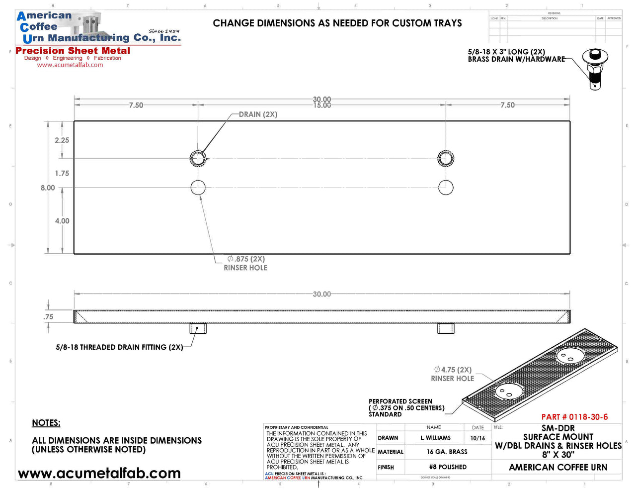 8" X 30" Surface Mount Drip Tray with Double Drain and Double Rinser Holes - ACU Precision Sheet Metal
