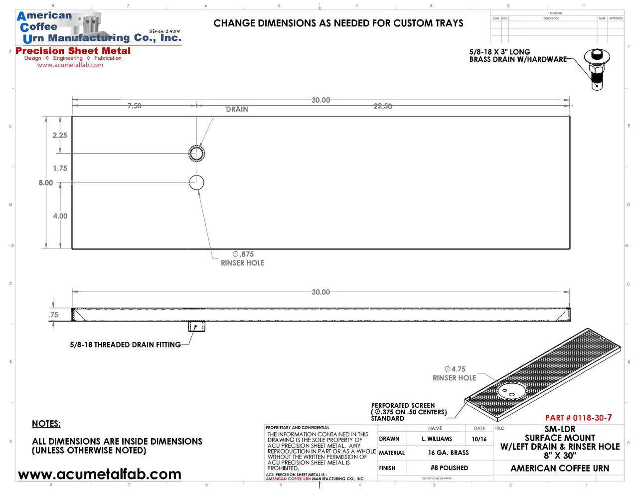 8" X 30" Surface Mount Drip Tray with Drain and Left Rinser Hole - ACU Precision Sheet Metal