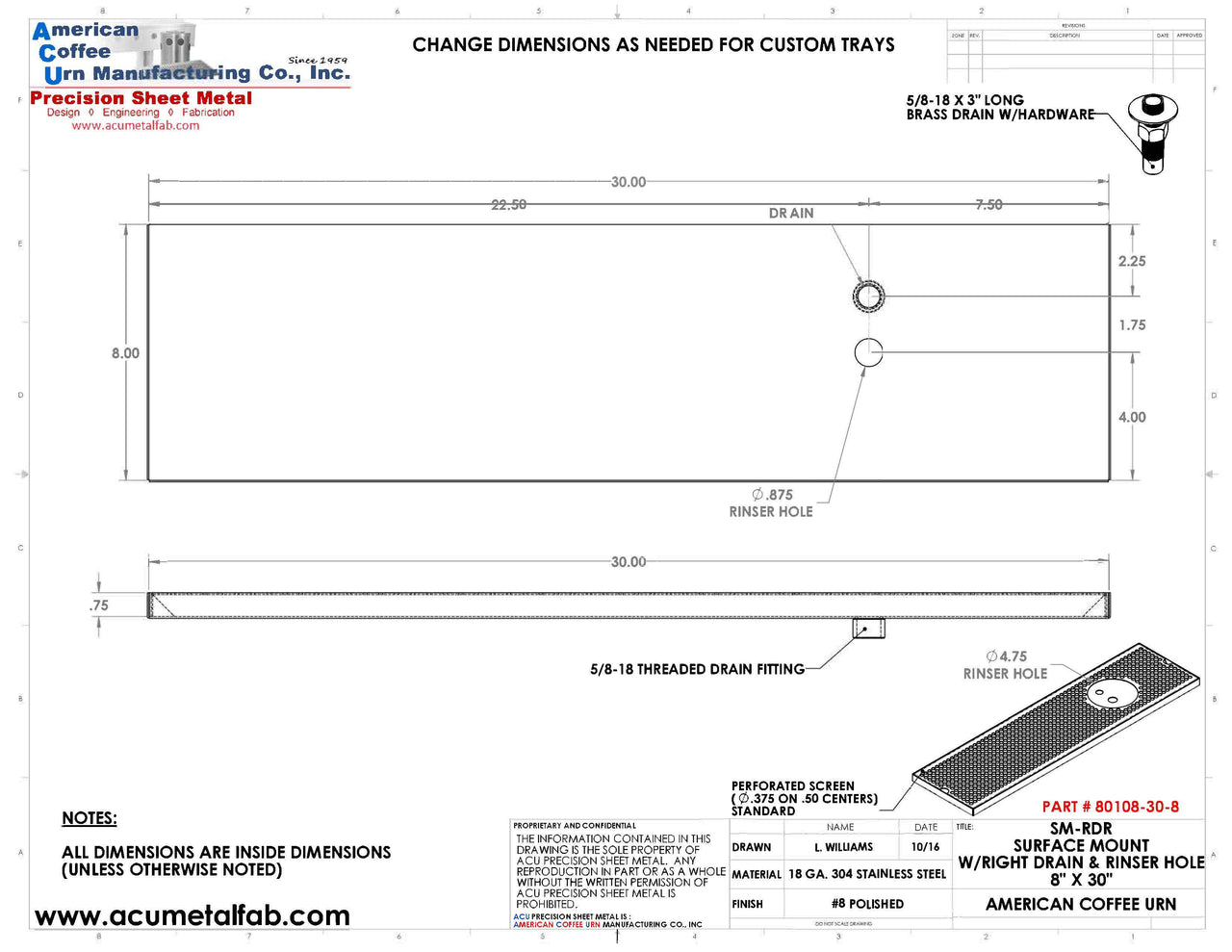 8" X 30" Surface Mount Drip Tray with Drain and Right Rinser Hole - ACU Precision Sheet Metal