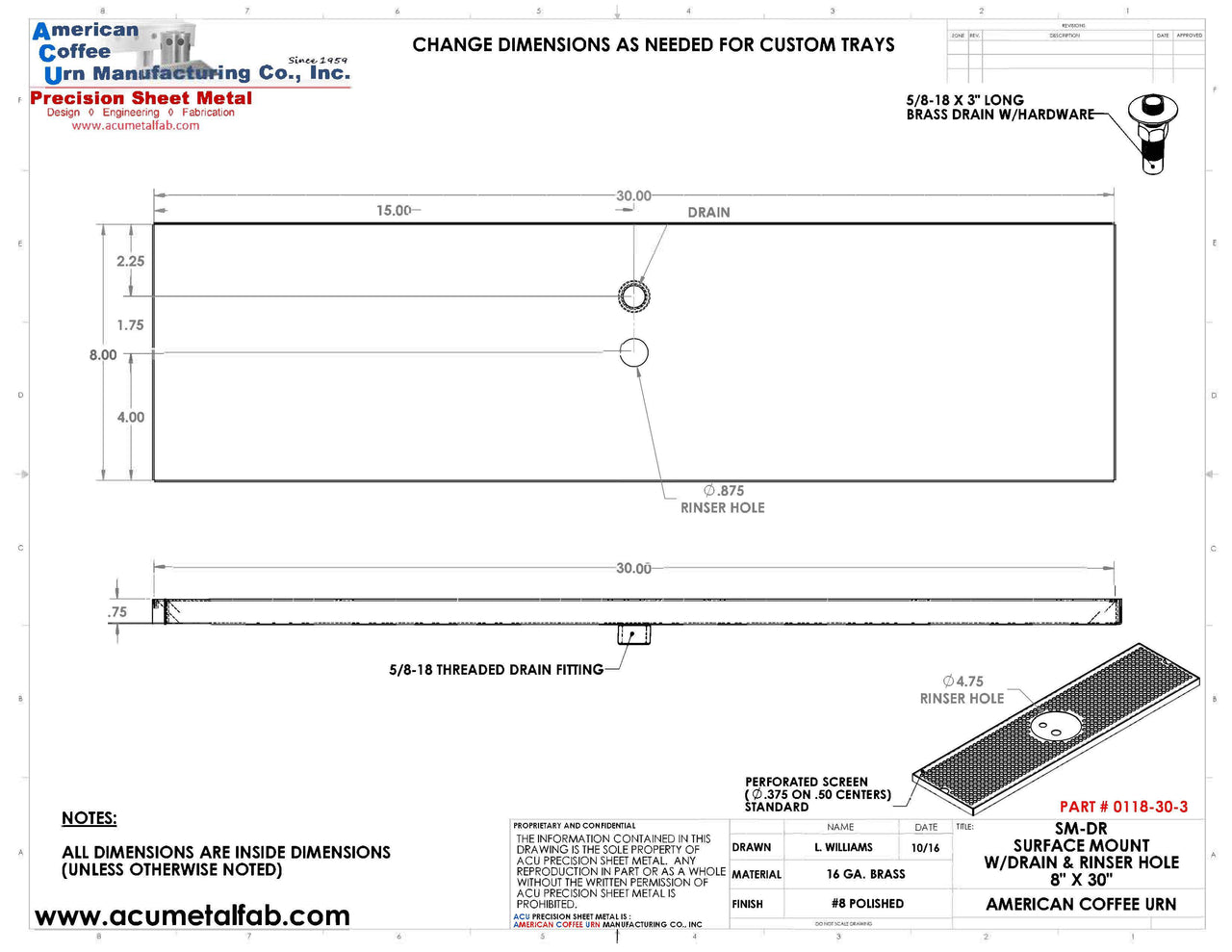 8" X 30" Surface Mount Drip Tray with Drain and Rinser Hole - ACU Precision Sheet Metal