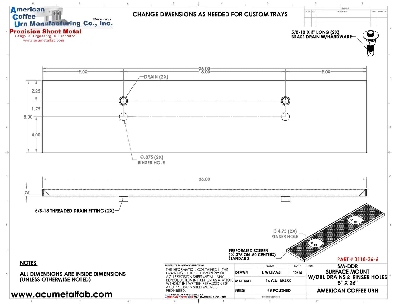8" X 36" Surface Mount Drip Tray with Double Drain and Double Rinser Holes - ACU Precision Sheet Metal