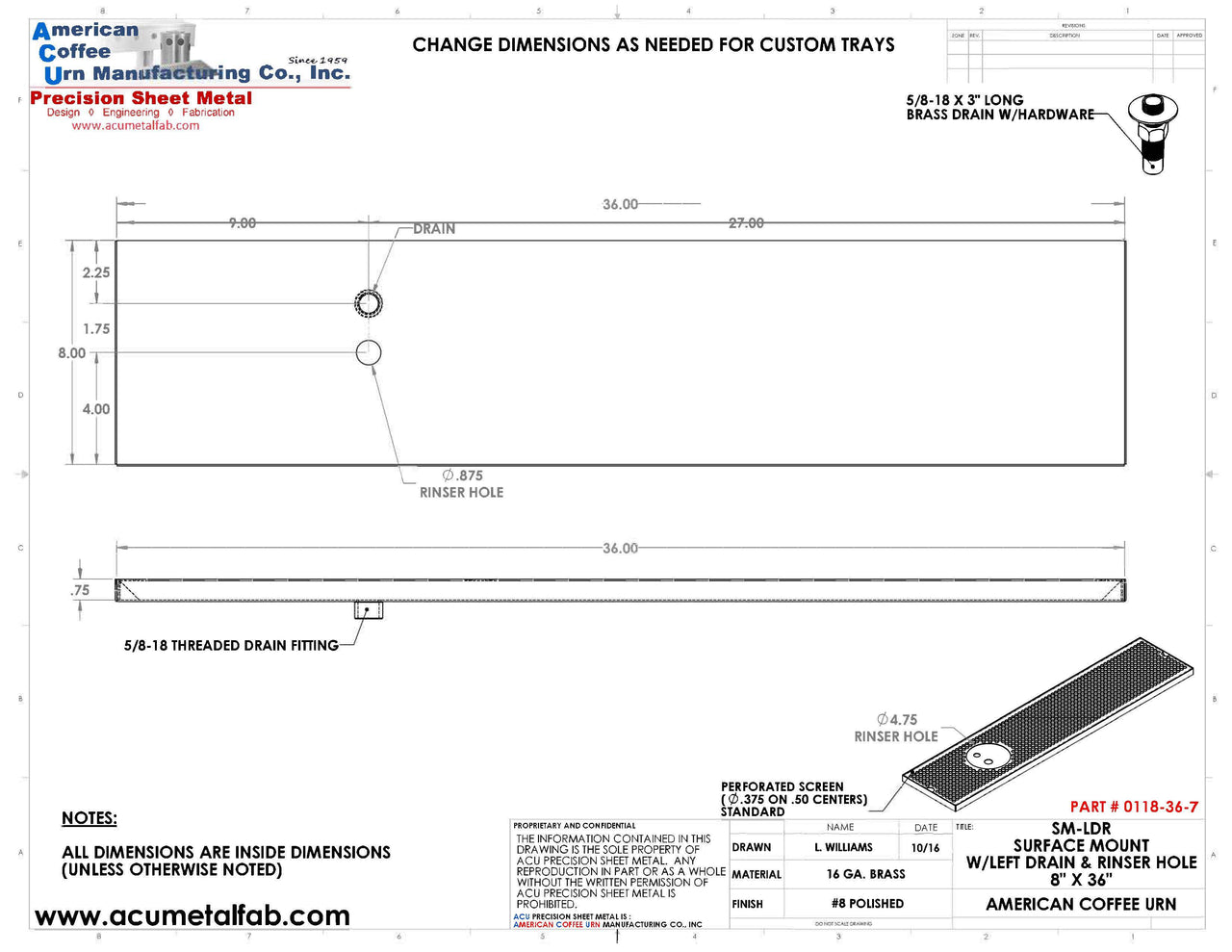 8" X 36" Surface Mount Drip Tray with Drain and Left Rinser Hole - ACU Precision Sheet Metal