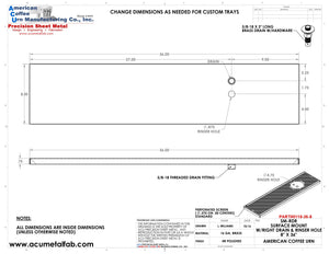 8" X 36" Surface Mount Drip Tray with Drain and Right Rinser Hole - ACU Precision Sheet Metal