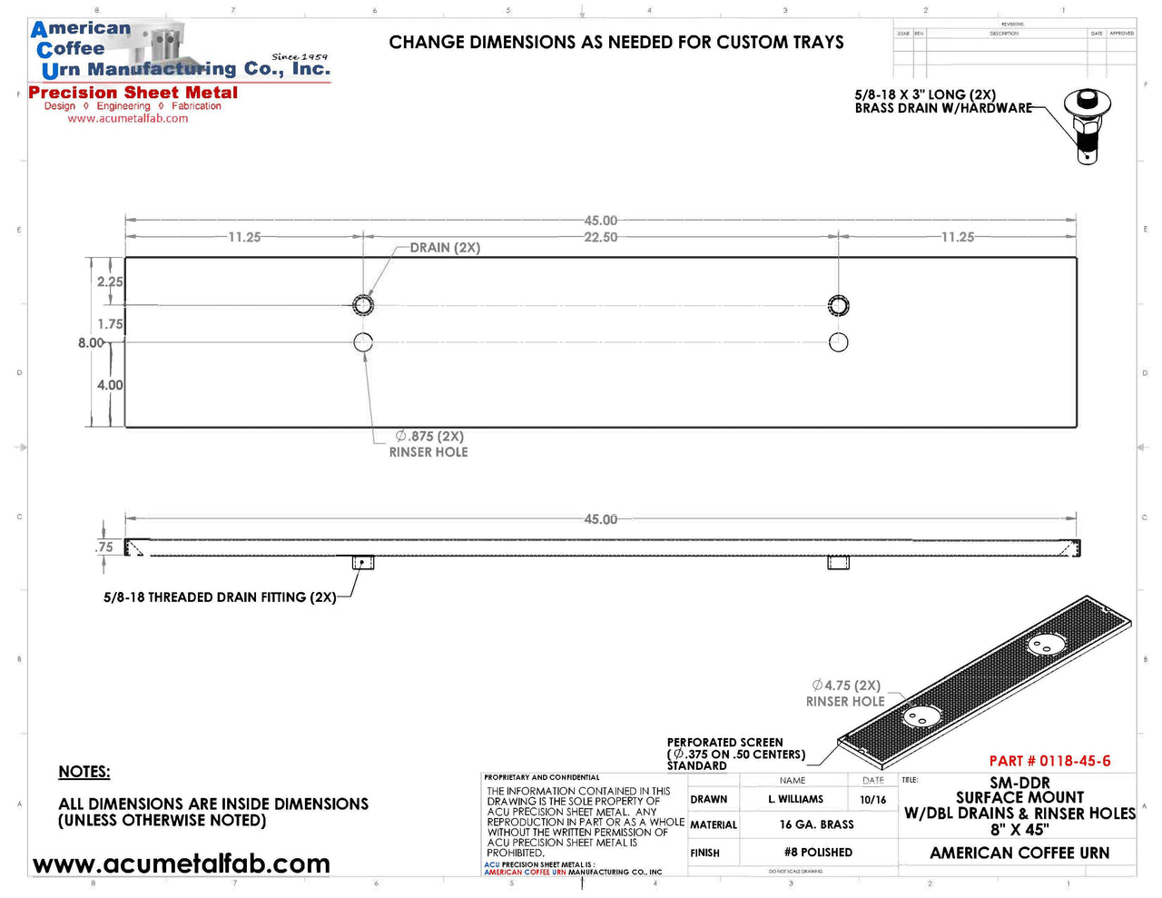 8" X 45" Surface Mount Drip Tray with Double Drain and Double Rinser Holes - ACU Precision Sheet Metal