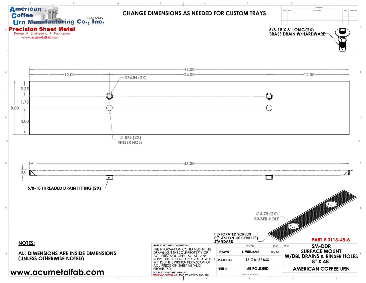 8" X 48" Surface Mount Drip Tray with Double Drain and Double Rinser Holes - ACU Precision Sheet Metal