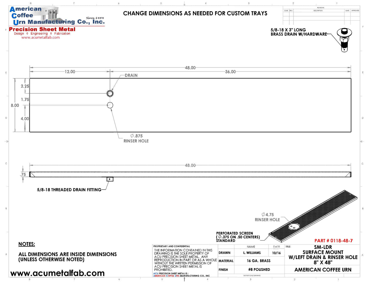 8" X 48" Surface Mount Drip Tray with Drain and Left Rinser Hole - ACU Precision Sheet Metal