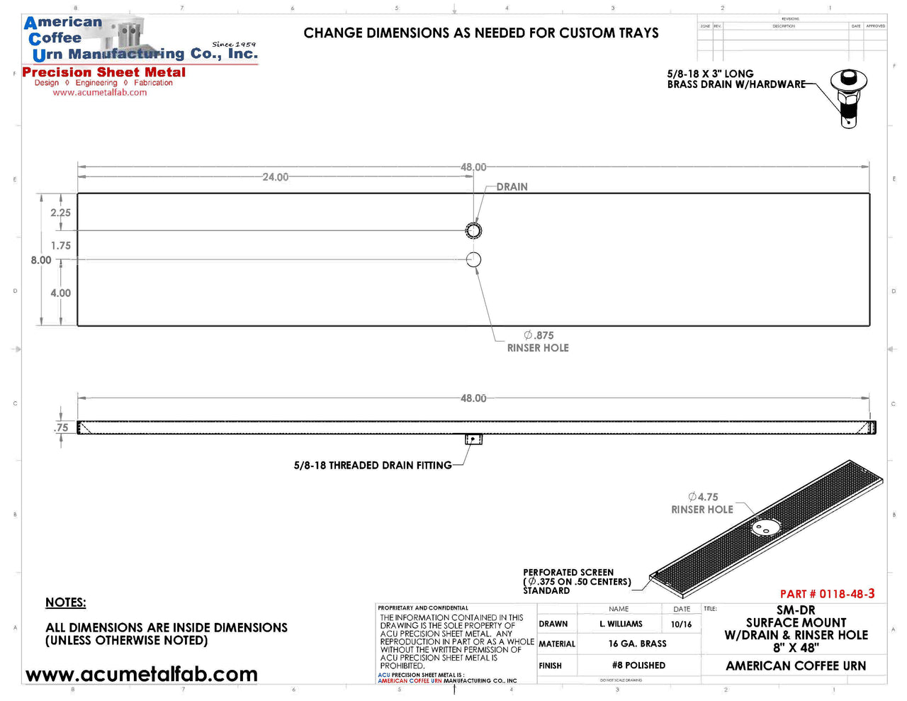 8" X 48" Surface Mount Drip Tray with Drain and Rinser Hole - ACU Precision Sheet Metal