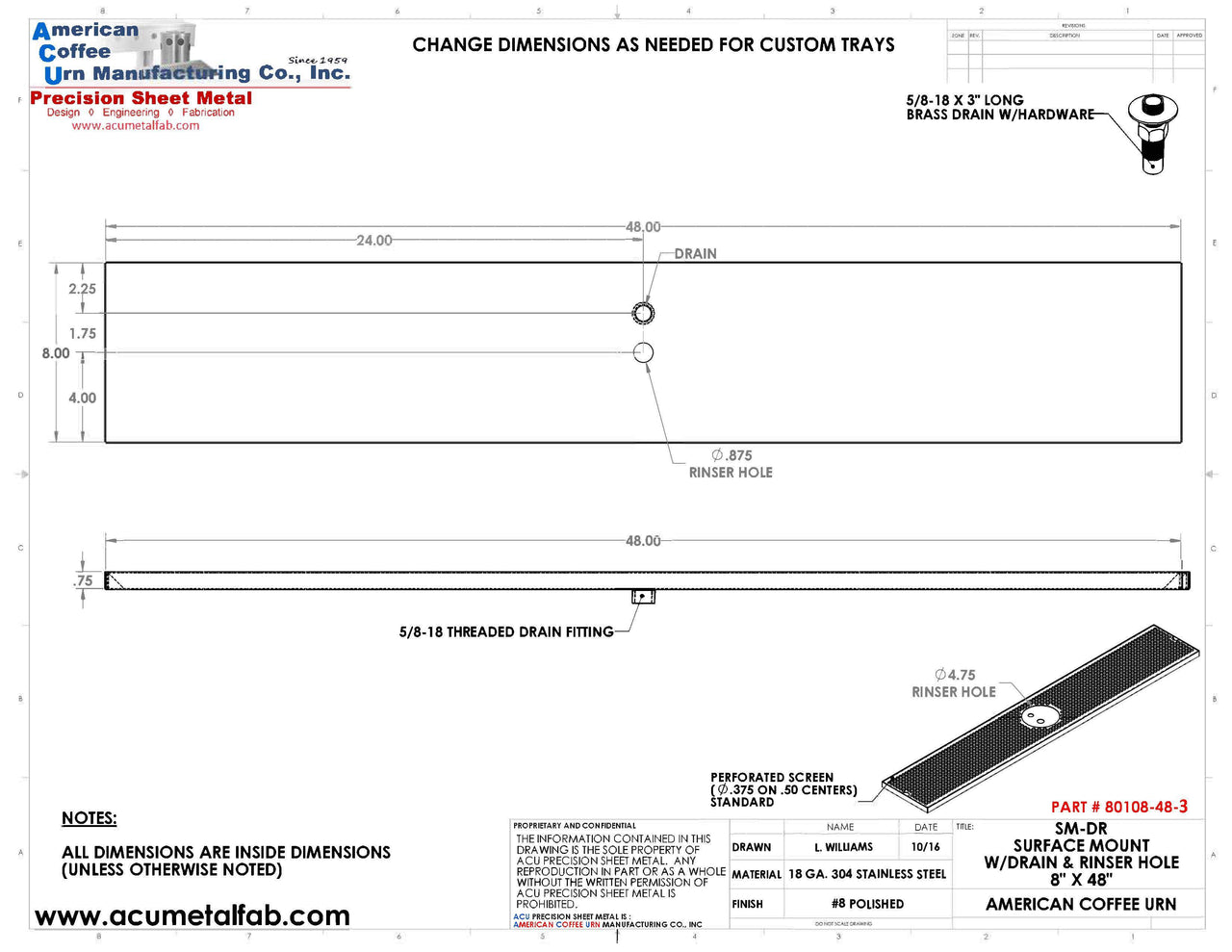 8" X 48" Surface Mount Drip Tray with Drain and Rinser Hole - ACU Precision Sheet Metal