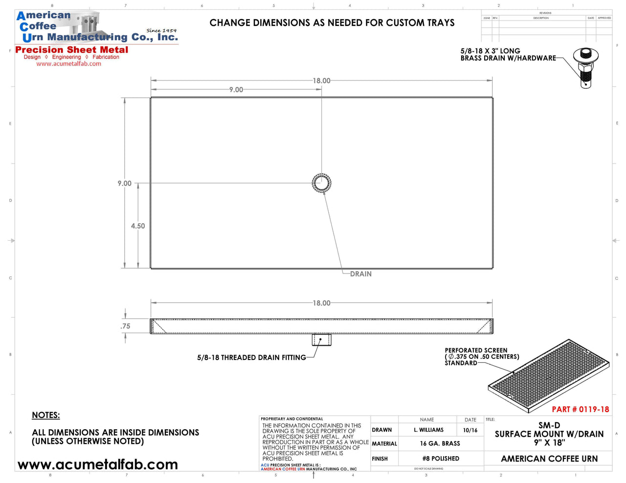 9" X 18" Surface Mount Drip Tray with Drain - ACU Precision Sheet Metal