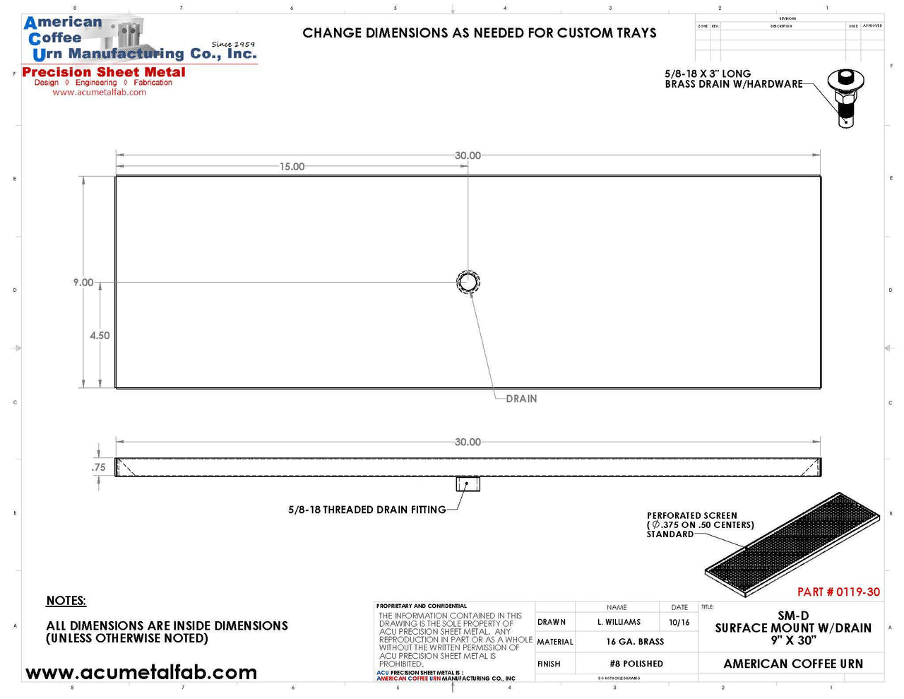 9" X 30" Surface Mount Drip Tray with Drain - ACU Precision Sheet Metal