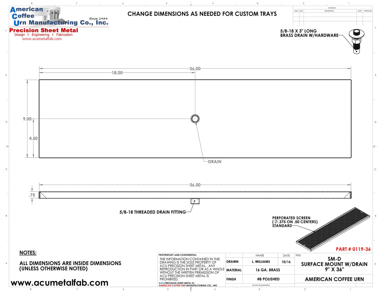9" X 36" Surface Mount Drip Tray with Drain - ACU Precision Sheet Metal