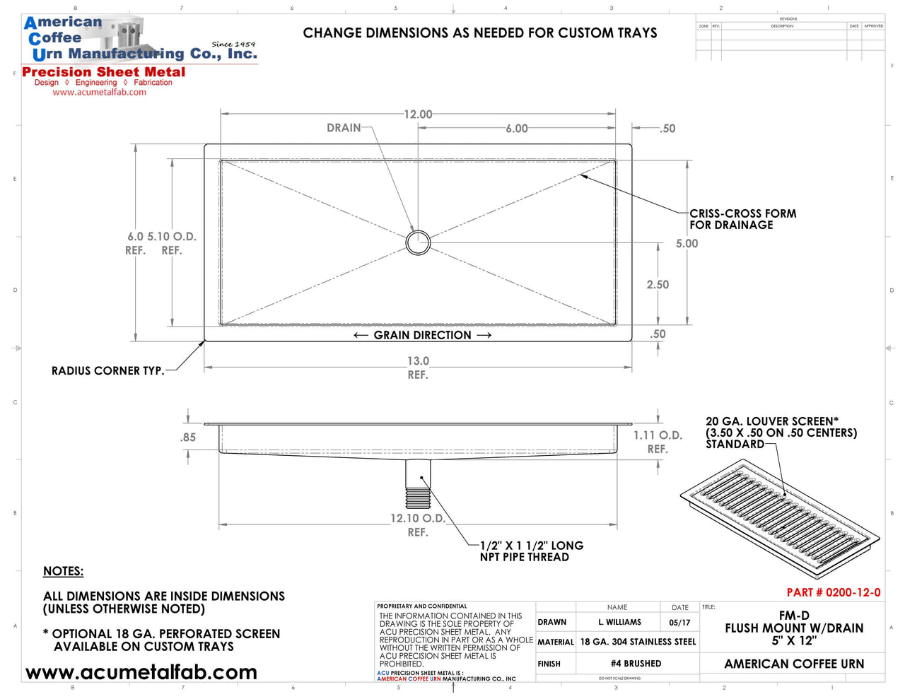 Flush Mount 5" X 12" X ¾" Drip Tray | Beer Dispenser Catcher | S/S # 4 - ACU Precision Sheet Metal