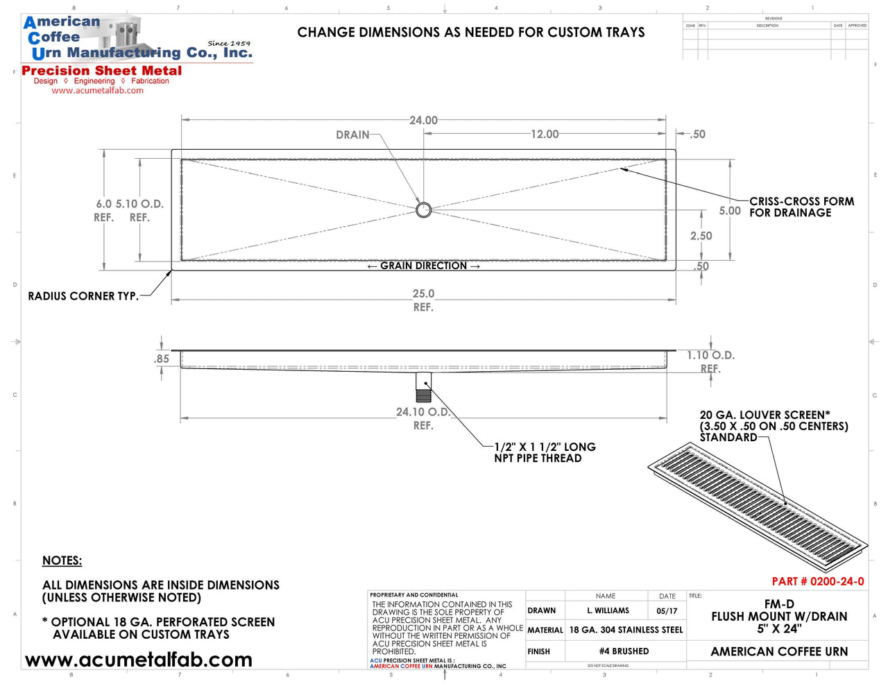 Flush Mount 5" X 24" Drip Tray | Beer Dispenser Catcher | S/S # 4 - ACU Precision Sheet Metal