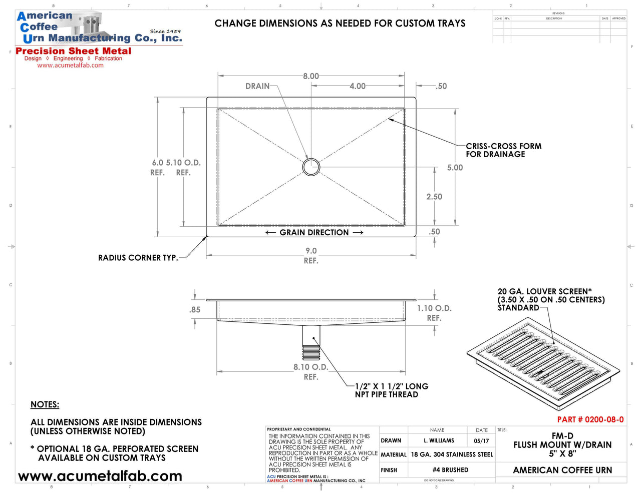 Flush Mount 5" X 8" X ¾" Drip Tray | Beer Dispenser Catcher | S/S # 4 - ACU Precision Sheet Metal