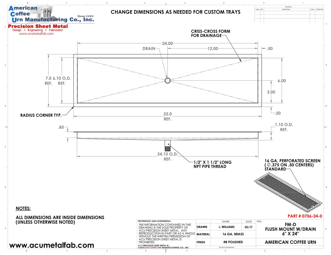 RECESSED DRIP TRAY BRASS POLISHED 6 X 24 DRAWING 